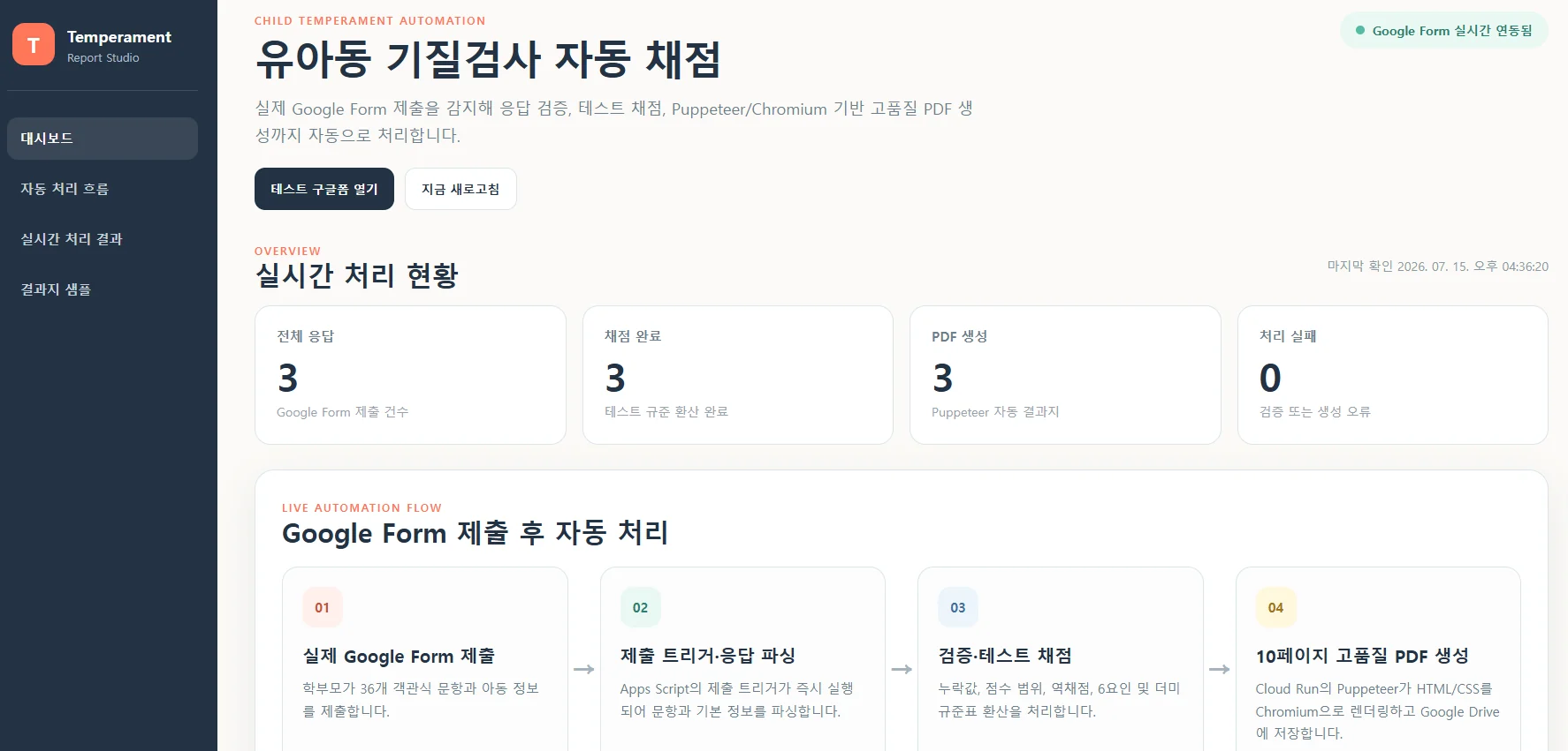 유아동 기질검사 채점·PDF 자동화 대표 화면